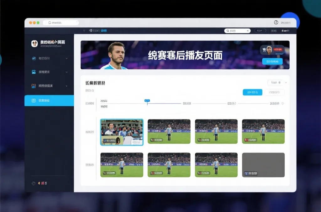 比赛结束后，电视屏幕展示集锦回放页面，旁边有时间轴和多角度切换提示
