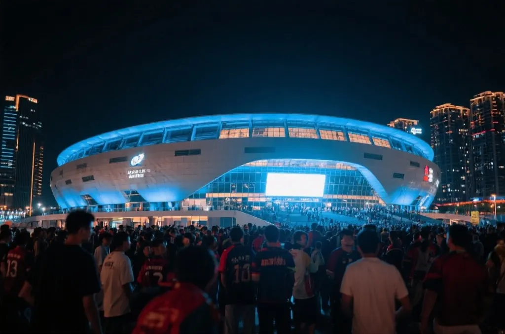 夜幕下灯火通明的球场外观和球迷人流